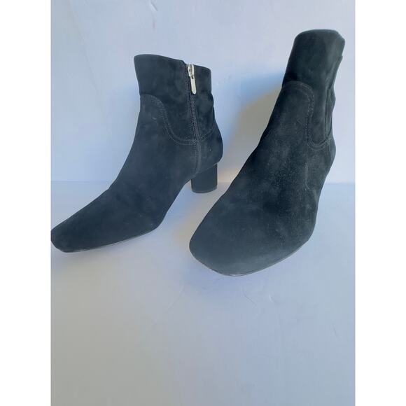 Draper James Suede Ankle Bootie Black Heeled Bethany Leather Mod Square Toe 10 - Picture 2 of 6